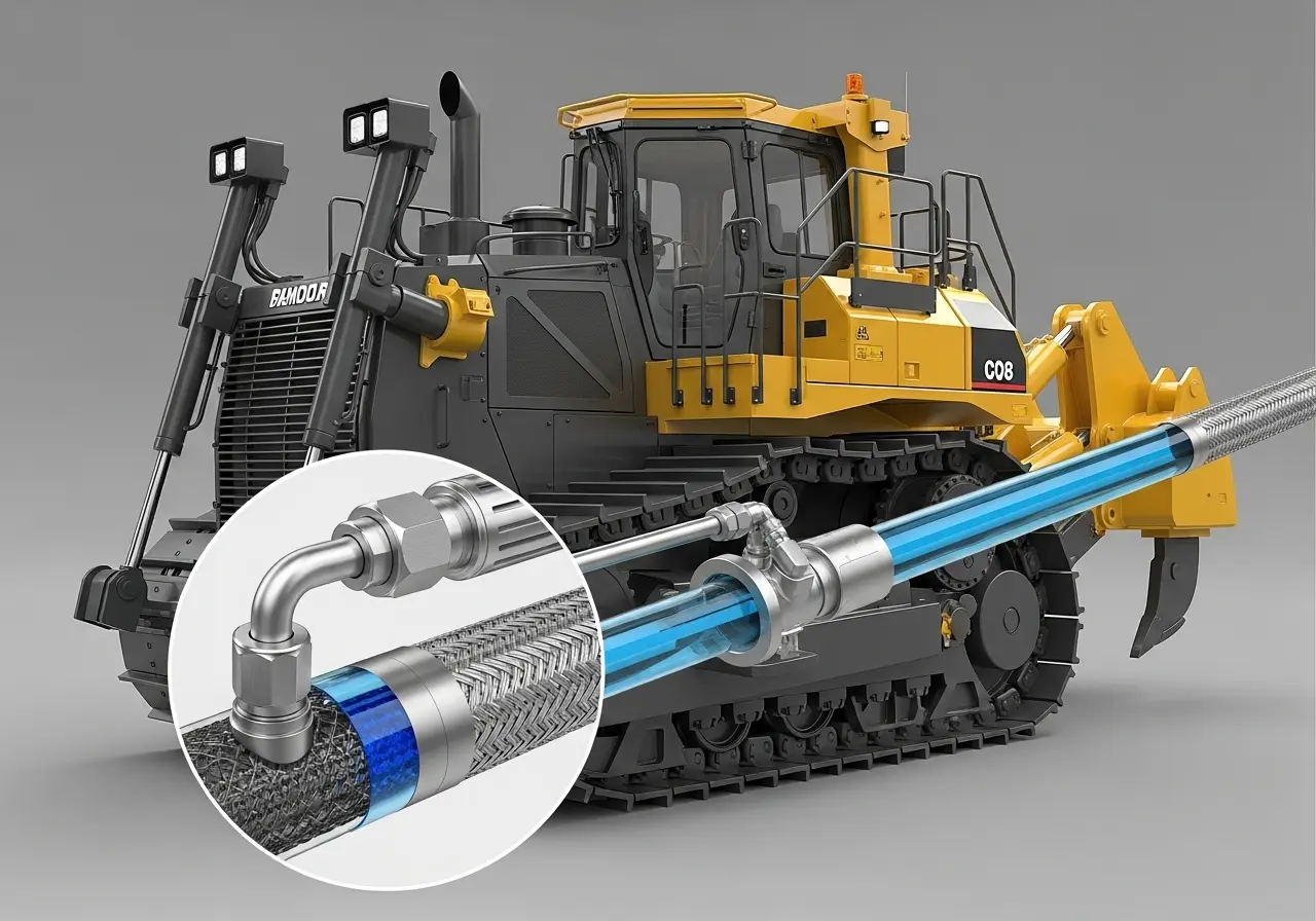 крупным планом часть гидролинии для грейдера