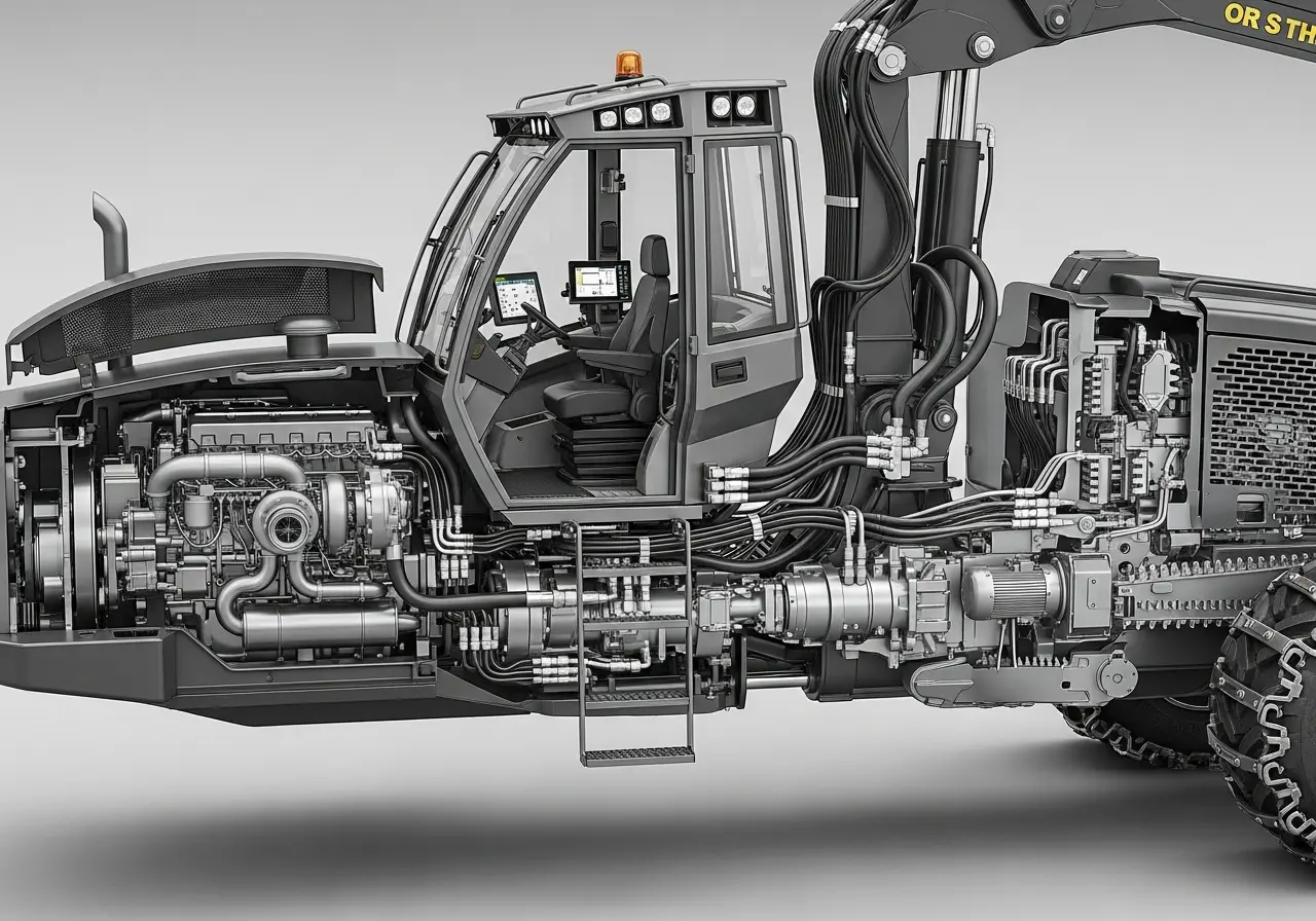 Харвестер в разрезе с гидравликой