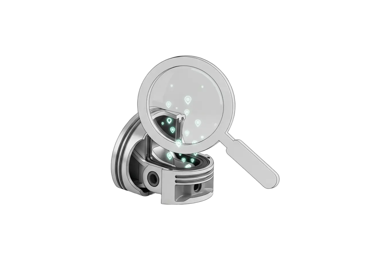 Минималистичная иконка, увеличительное стекло, сфокусированное на центре механической шестеренки и показывающее её внутреннюю структуру