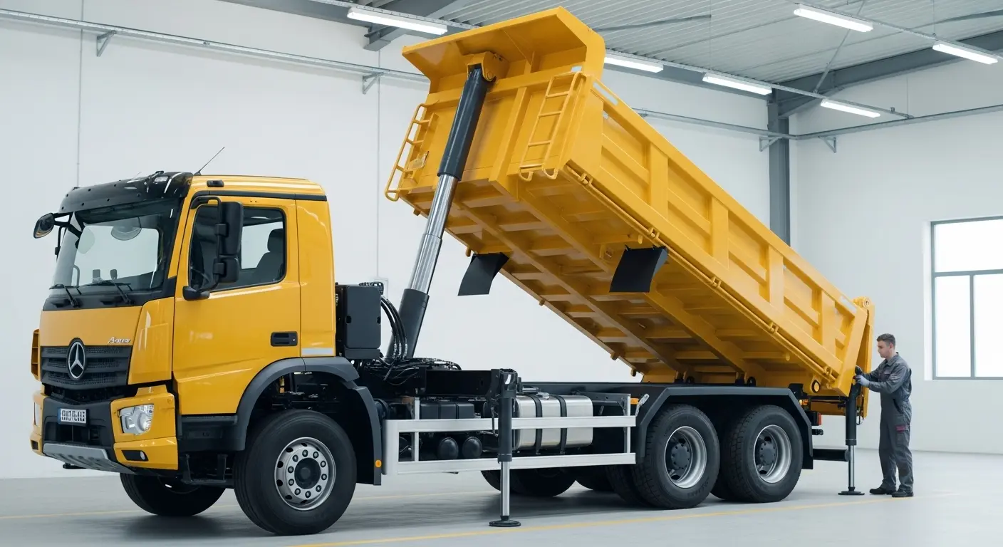 вид транспортной техники самосвал, в ангаре на ремонте гидравлики